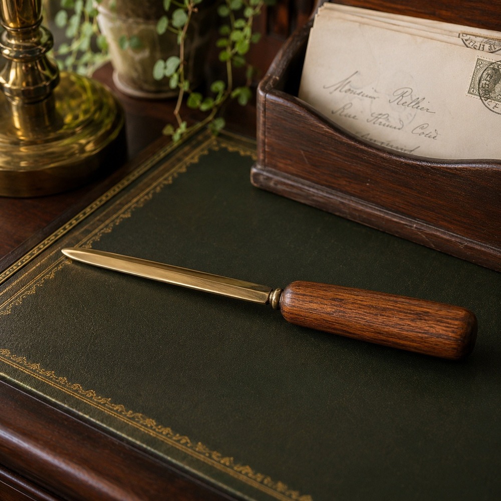 Vintage Wood Handle Letter Opener Gold Tone Metal Tapered Blade Office Accessory